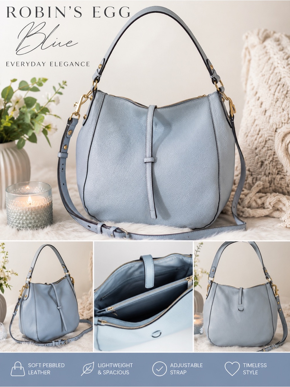 Robin's Egg Blue Leather Hobo Bag